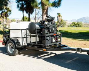 Hot Water Pressure Washer Trailer with 230 Gallon Tank – Single Axle, 8 GPM 3500 PSI, 25HP Karcher Engine With Gas & Diesel tanks (Commercial)